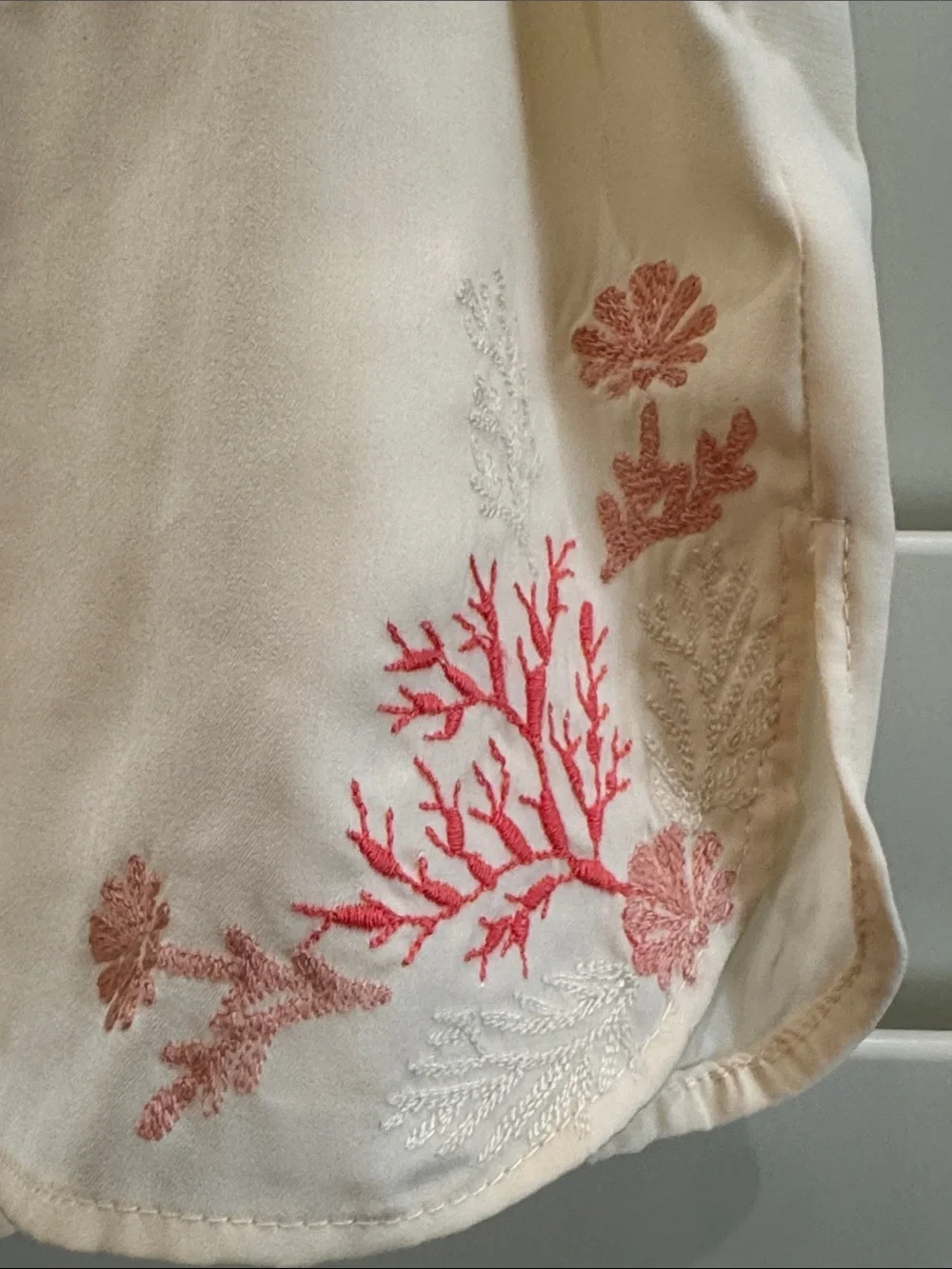 Anthropologie Cream Short Pajama Set with Coral Embroidery